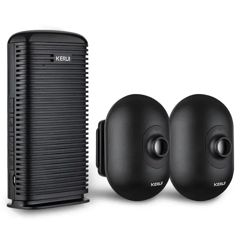 KERUI DW9 wireless garage alarm 3-piece kit with two black PIR motion sensors and base station.