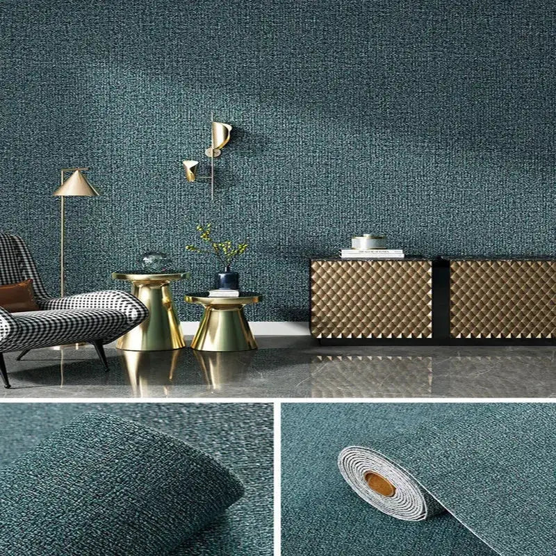 Teal linen 3D foam self-adhesive wallpaper roll; waterproof PVC wallcovering with textured finish