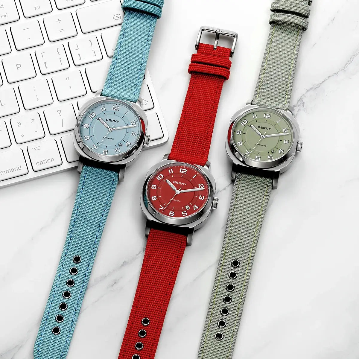 BERNY women's mechanical watch set with three fabric-strapped dials in blue, red, and olive green