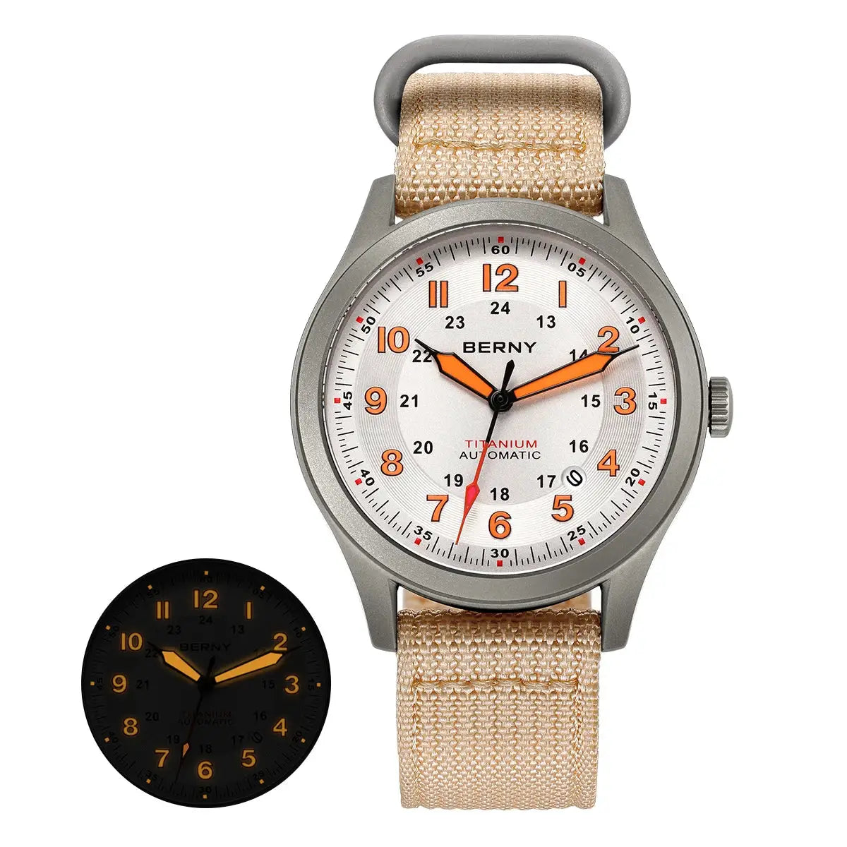 Two BERNY titanium automatic men's watches: white dial, beige fabric strap, orange numerals, glow version shown