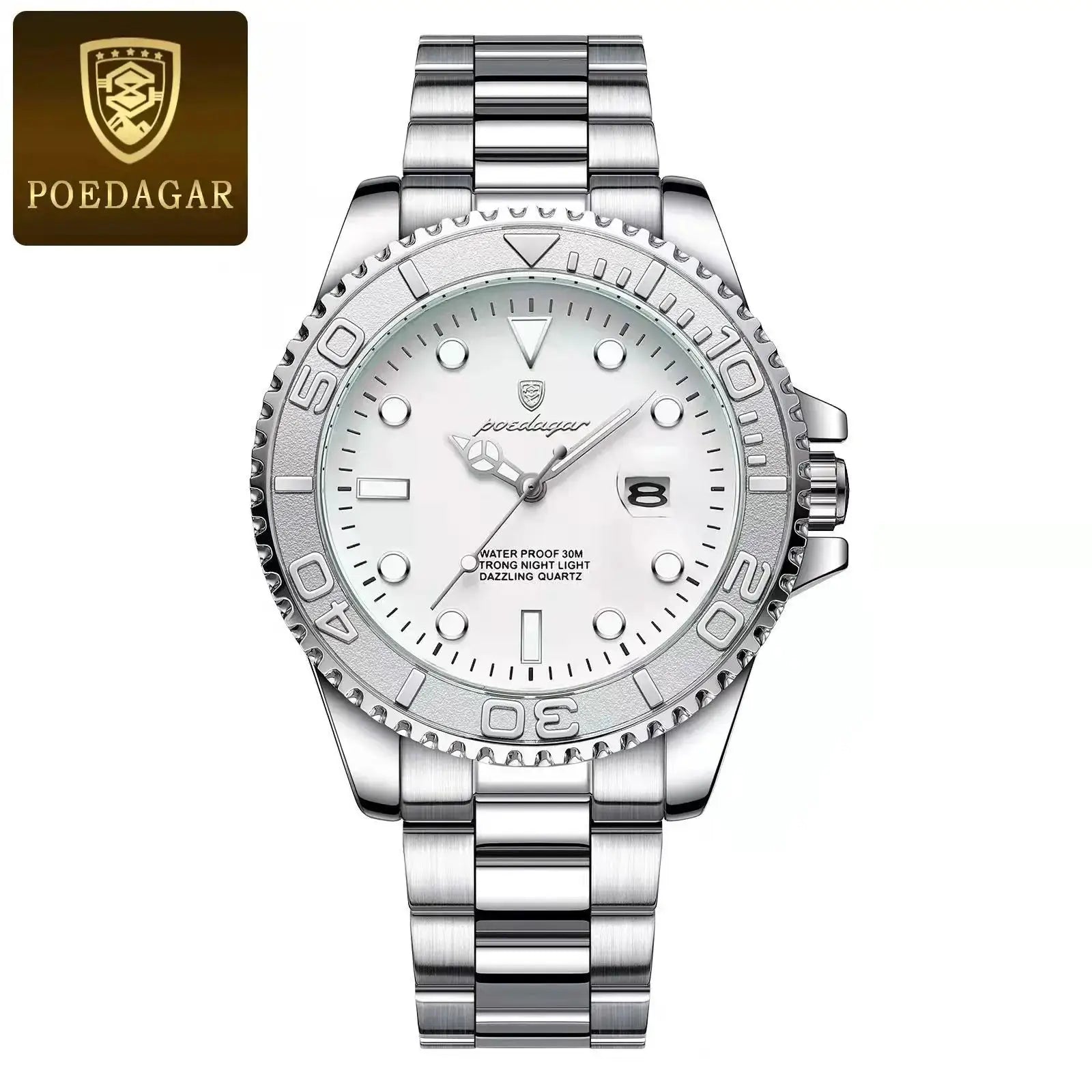 POEDAGAR stainless steel men's luxury watch with white dial, luminous markers, date window, and 30m water resistance.