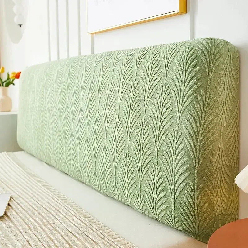 Jacquard bed headboard cover in green with leaf pattern; elastic slipcover for bed backrests.