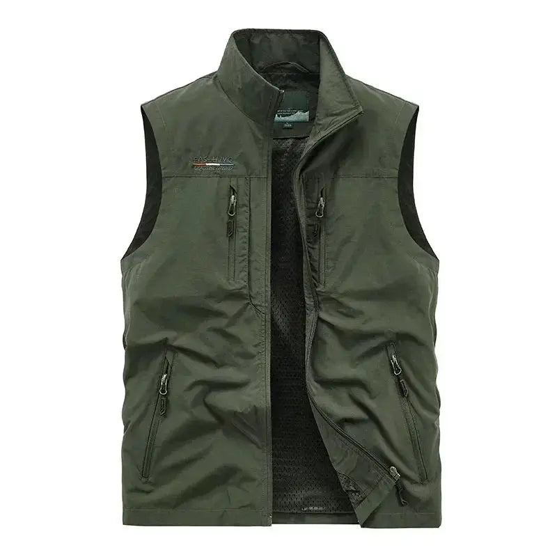 Simples Market sleeveless cargo vest in olive green with multiple zip pockets and mesh interior.