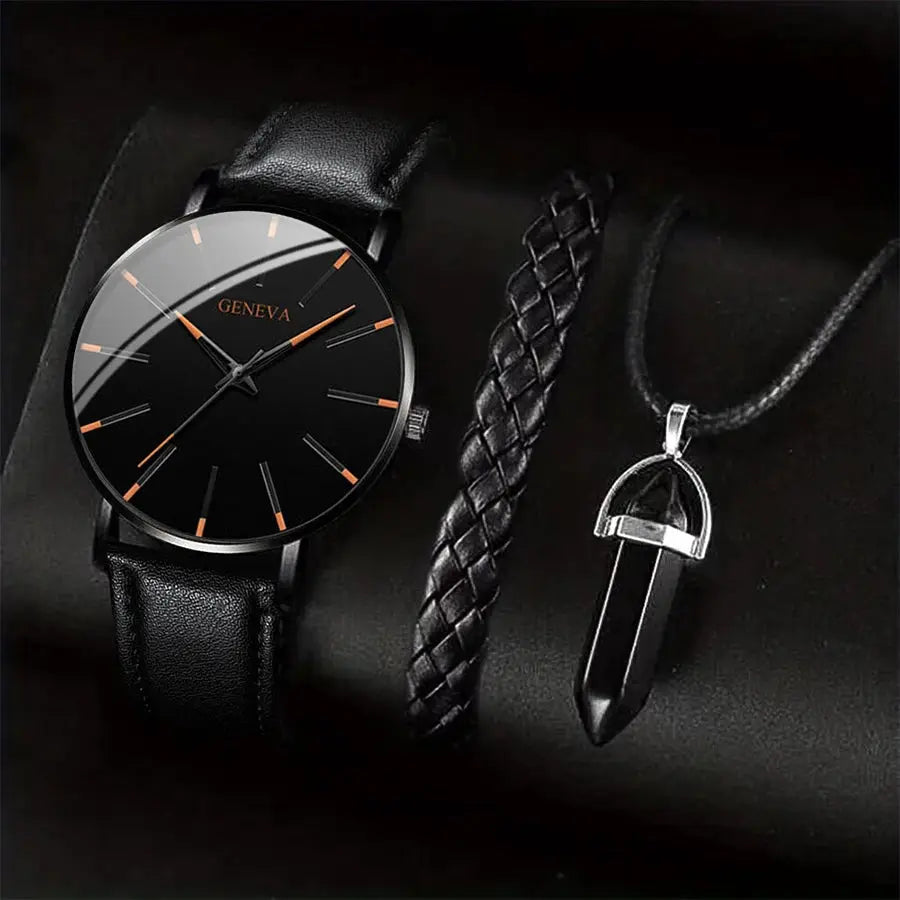 Nova 3 Piece Mens Analog Quartz Watch Set With Leather Bracelet And Necklace Included For Versatile Business Casual Wear