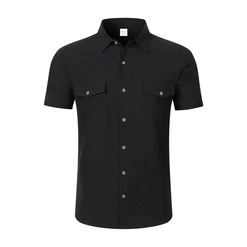 Men's black linen short-sleeve button-up shirt with lapel collar and two chest pockets from Simples Market