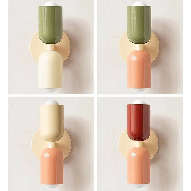 Nordic LED wall lamp with double heads; four color variants shown.