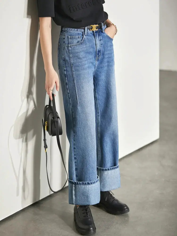 Amii Minimalism Vintage Denim Jeans Women Loose Wide Leg Autumn Pants