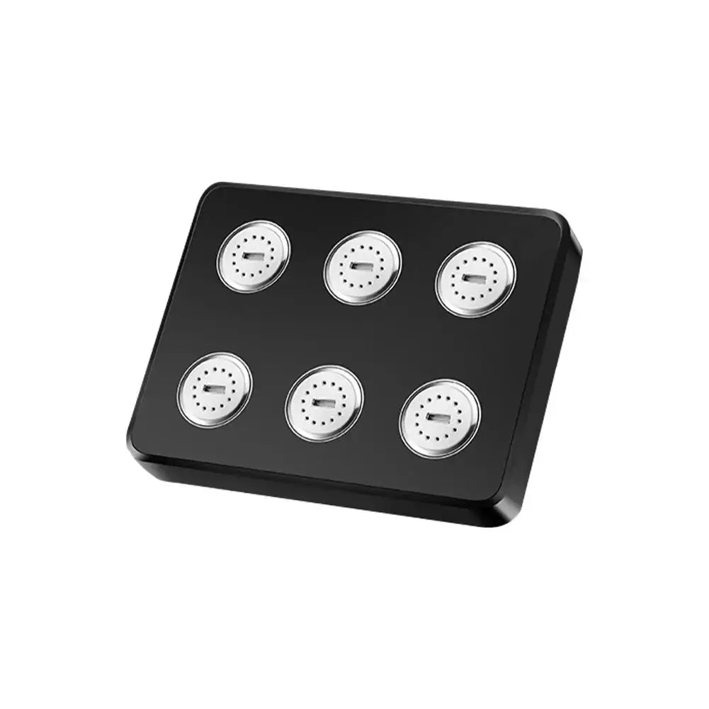 6-jet black shower head panel with chrome-ringed discs