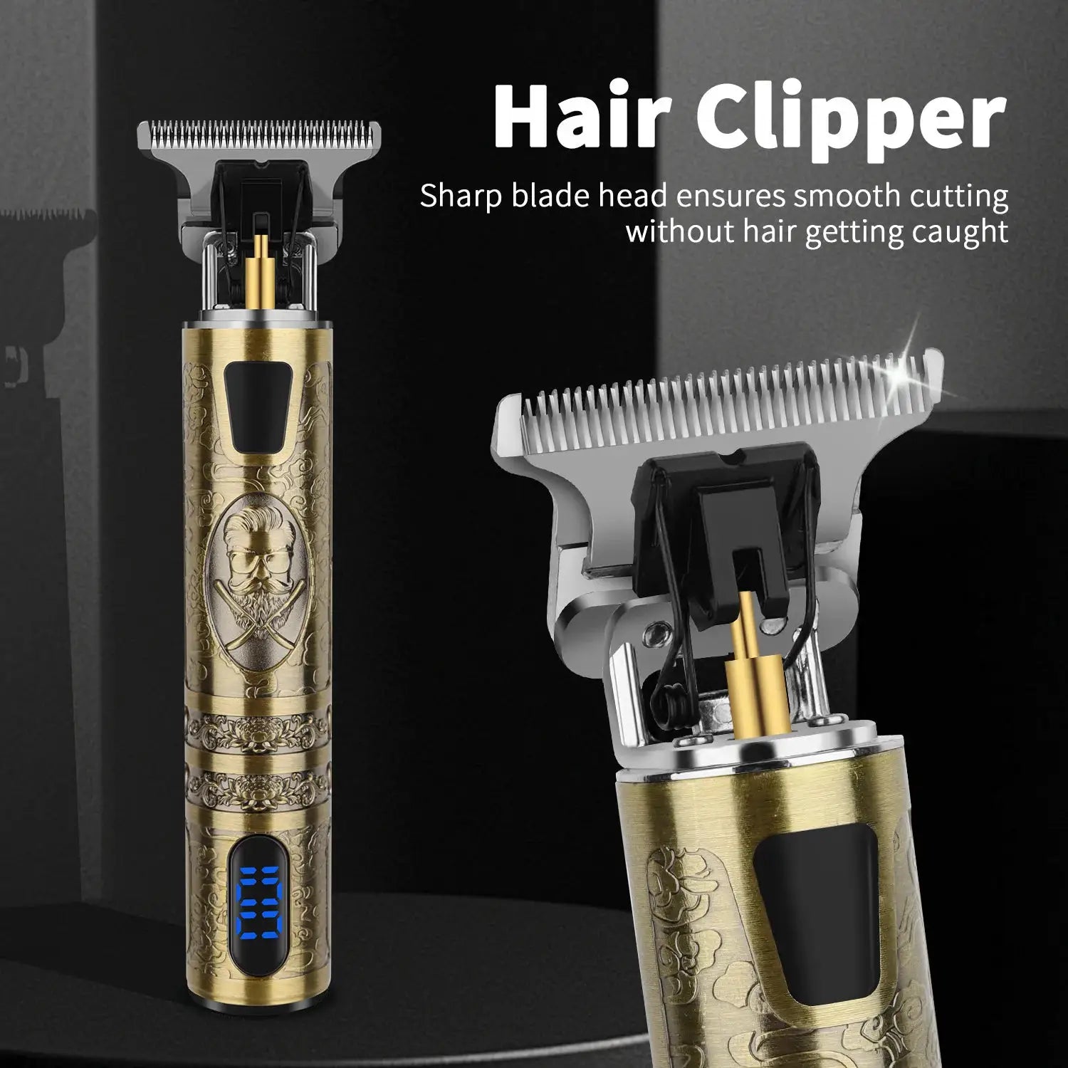 HIENA professional cordless hair clipper and trimmer by Simples Market with a gold-engraved body and blue digital display