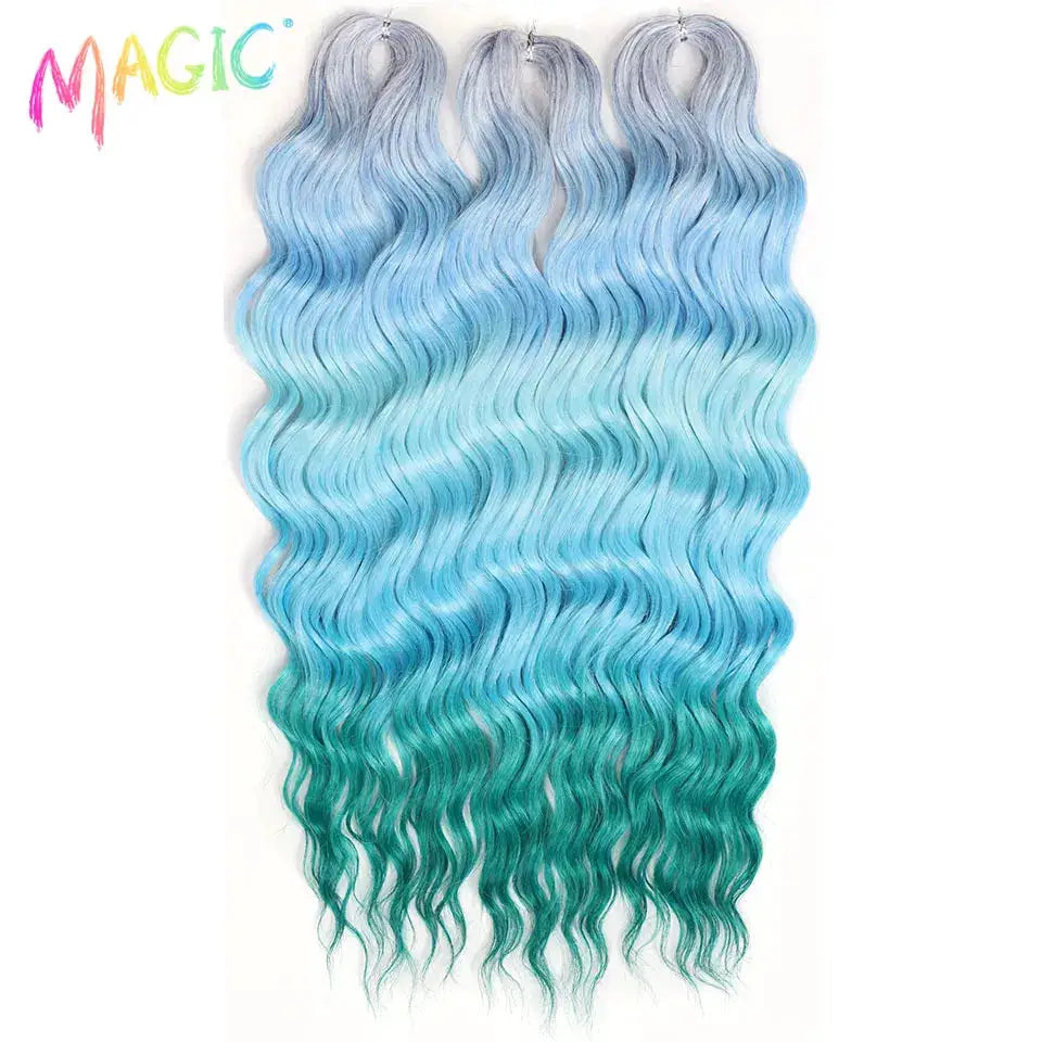 Anna synthetic hair extensions, 24-inch water-wave braiding wefts in blue-to-teal ombre, three bundles with MAGIC logo