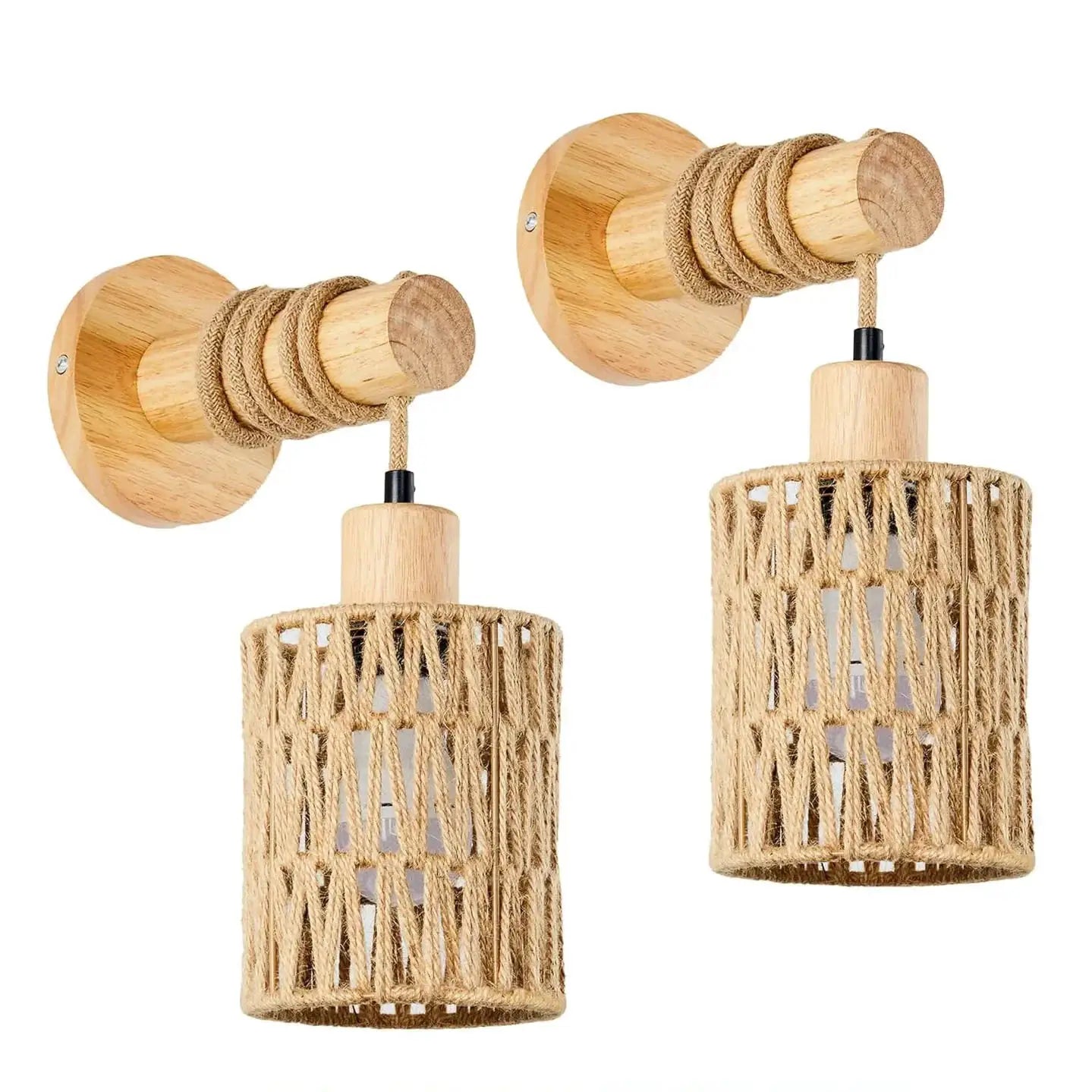 Pair of hemp rope bedhead wall lamps with cylindrical natural wood shades