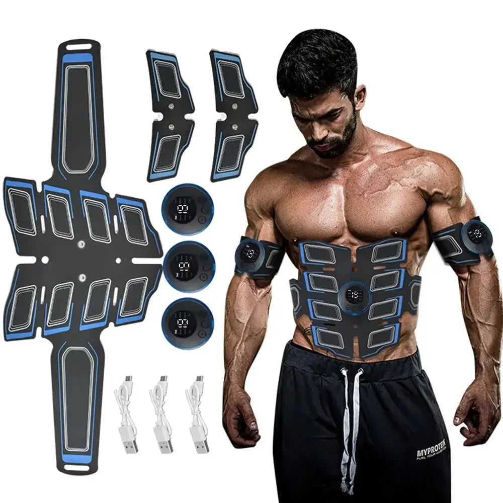 USB rechargeable abdominal muscle trainer belt by Simples Market with blue-black pad panels and armband cuffs.
