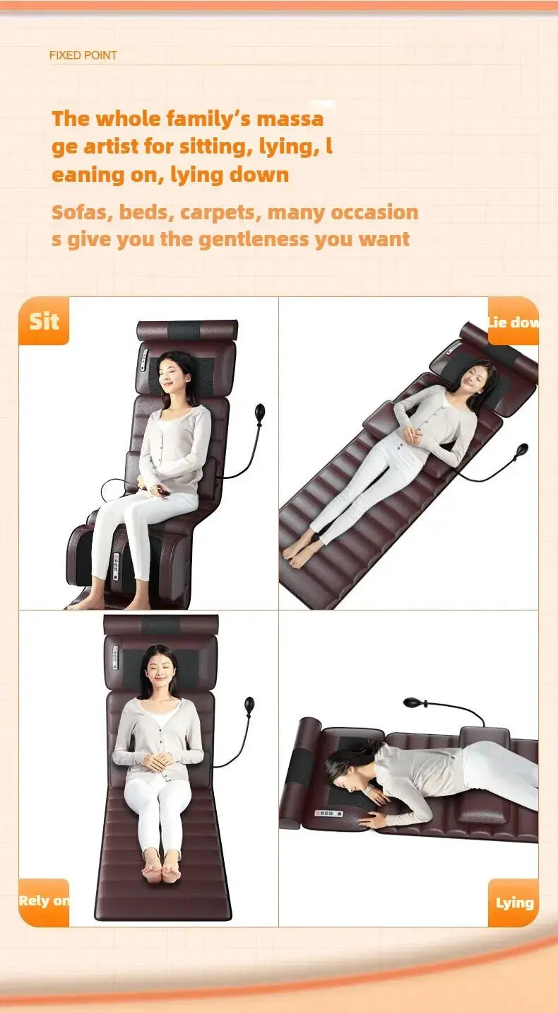 Electric full-body massage mattress by Simples Market with heating and handheld control, brown leather upholstery