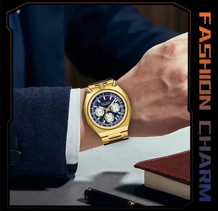 MINI FOCUS chronograph men's watch; gold-tone stainless steel band, blue dial, luminous hands, calendar, three subdials
