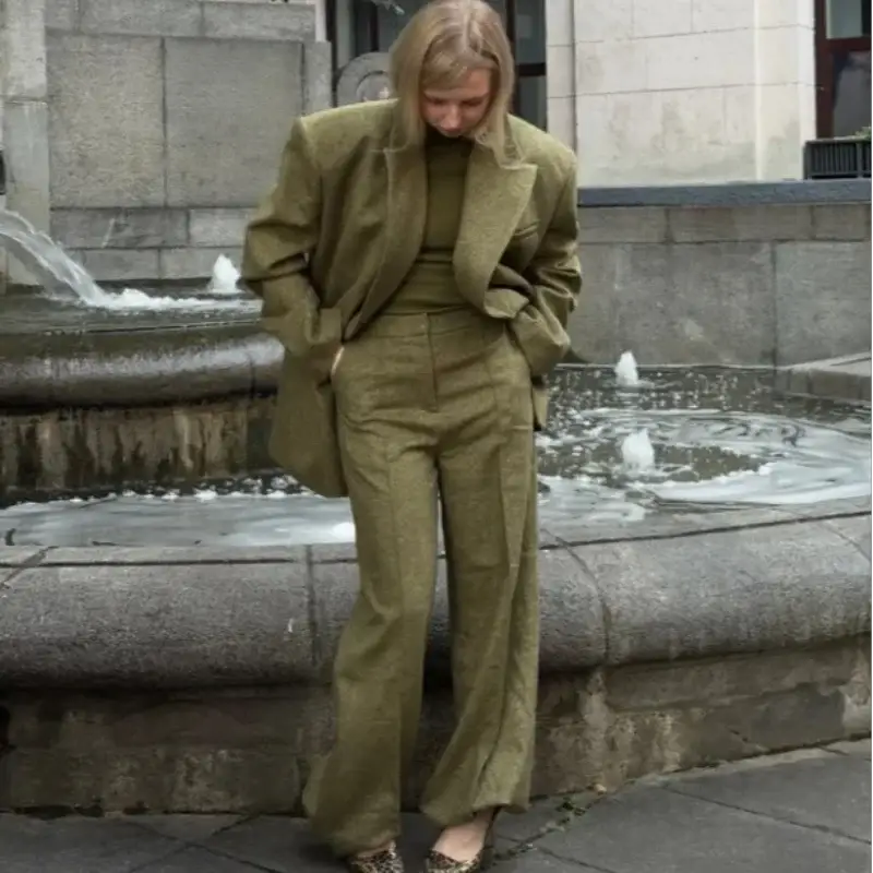Women's olive soft-shoulder blazer with matching straight-leg pants two-piece set
