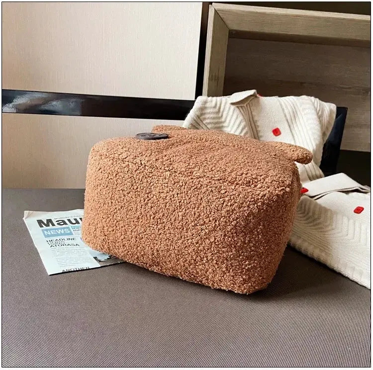 Cute bear-ear fleece mini backpack for kids, camel brown, cozy lambswool texture.