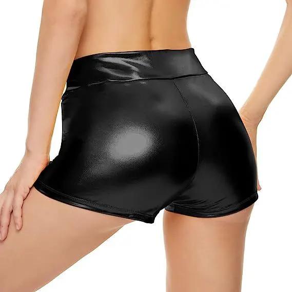 Slim Stretch High Waist Shorts, black shiny faux-leather fabric