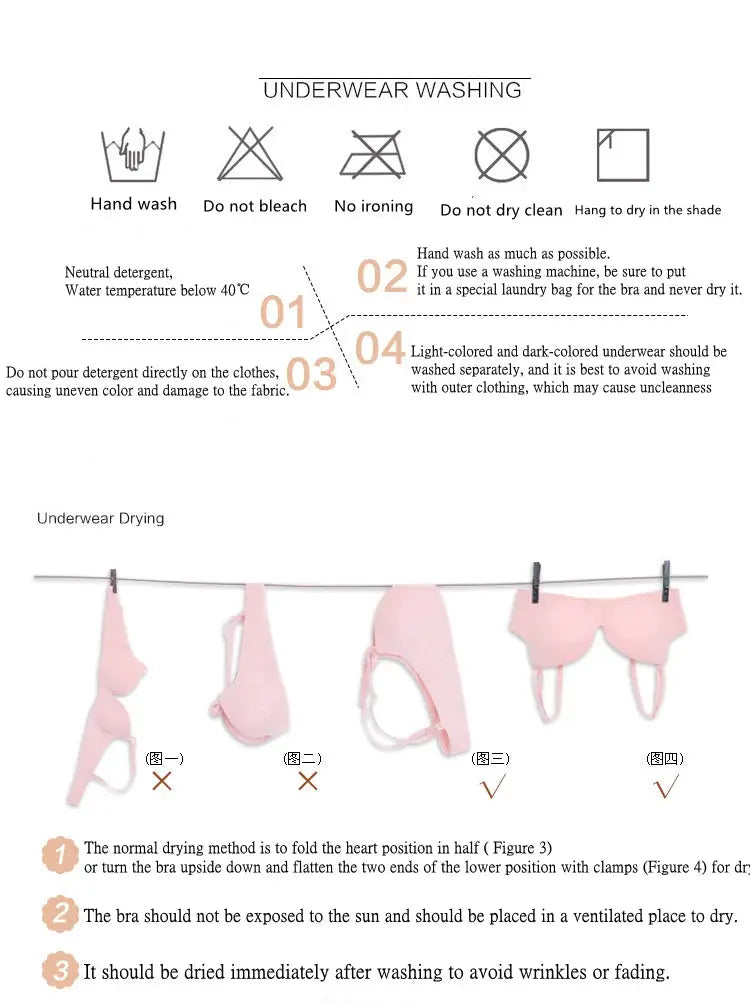 Simples Market pink lace sports bra set with underwear; wash icons show hand wash, no bleach, no ironing.
