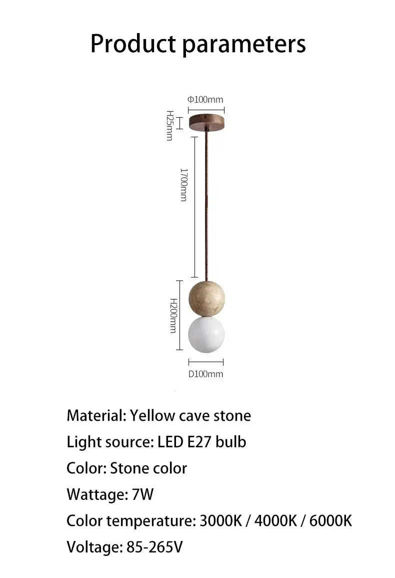 Led pendant light with stone-colored and white dual-ball spheres, long hanging rod and ceiling mount
