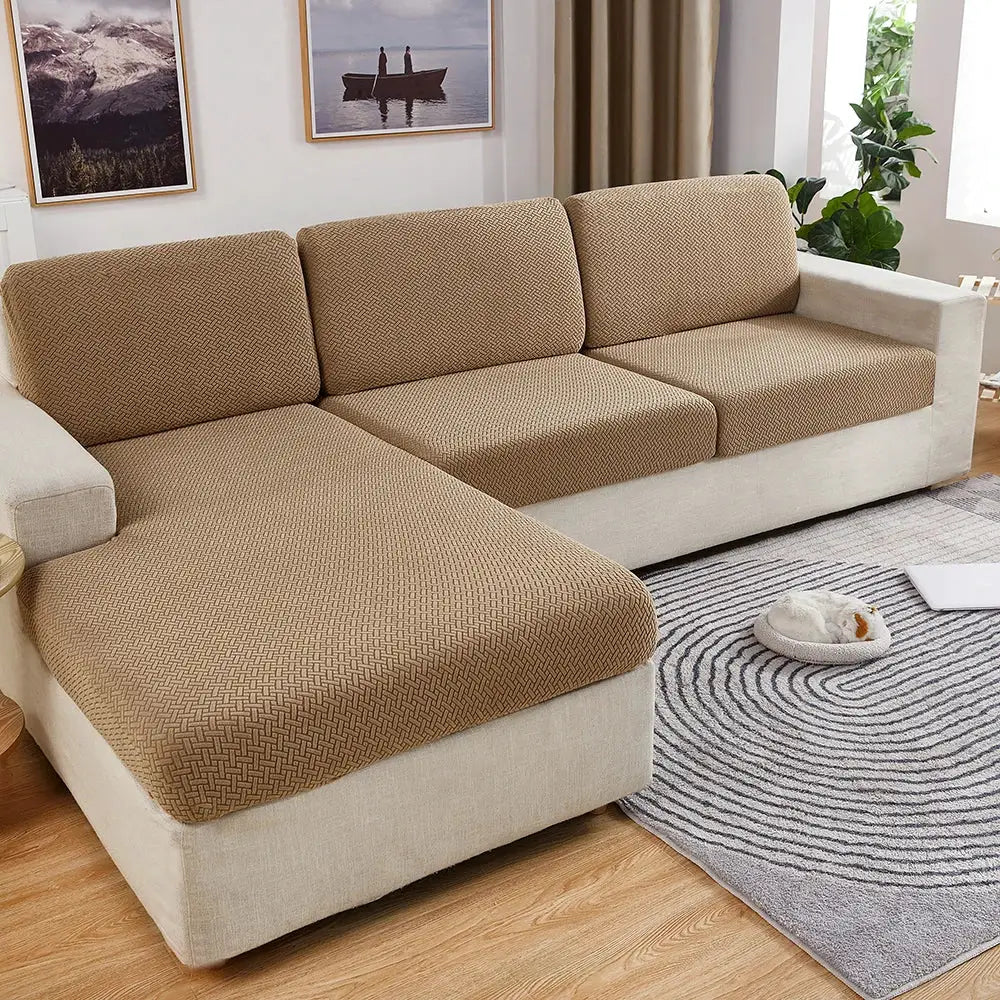 Thick jacquard sofa cushion covers set of 4 by Simples Market in tan; removable slipcovers for sofas