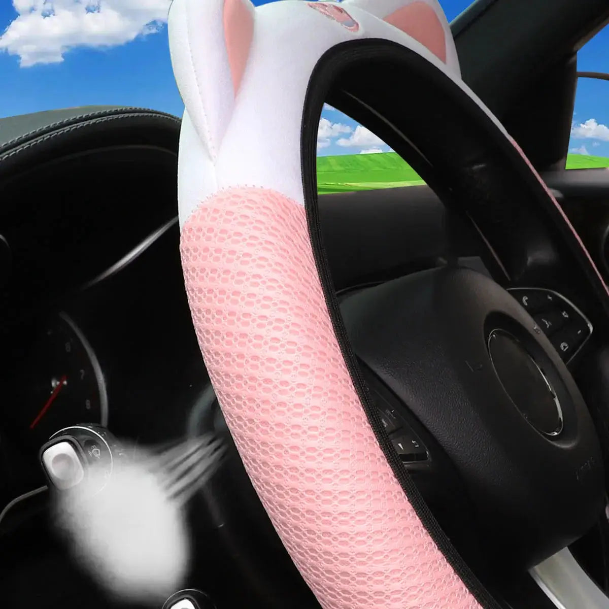 Kitten-themed breathable mesh steering wheel cover, pink, fits 14.5–15 inch, Simples Market