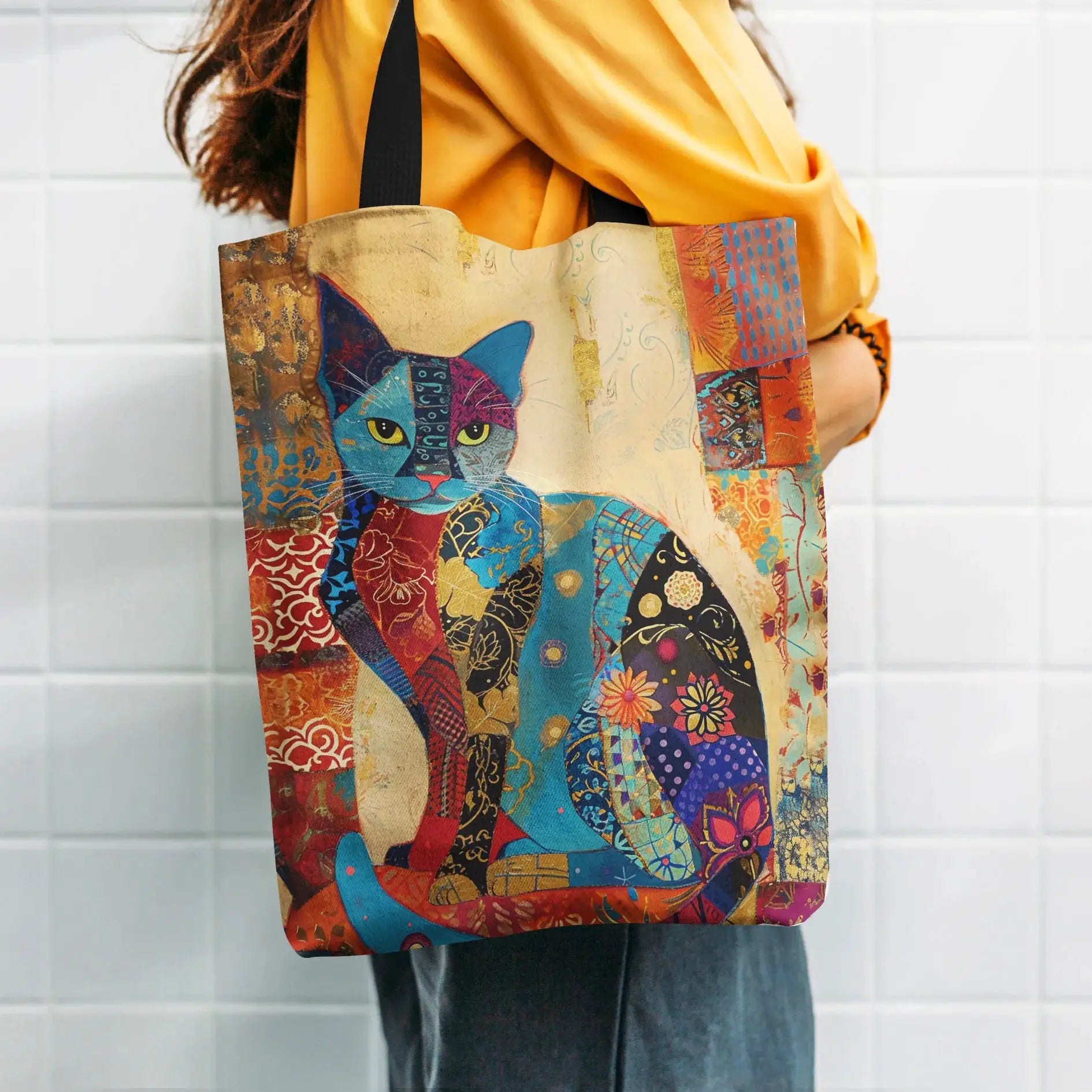 BloomCat Floral Cat Pattern Tote Bag Lightweight Linen Tote for School and Shopping