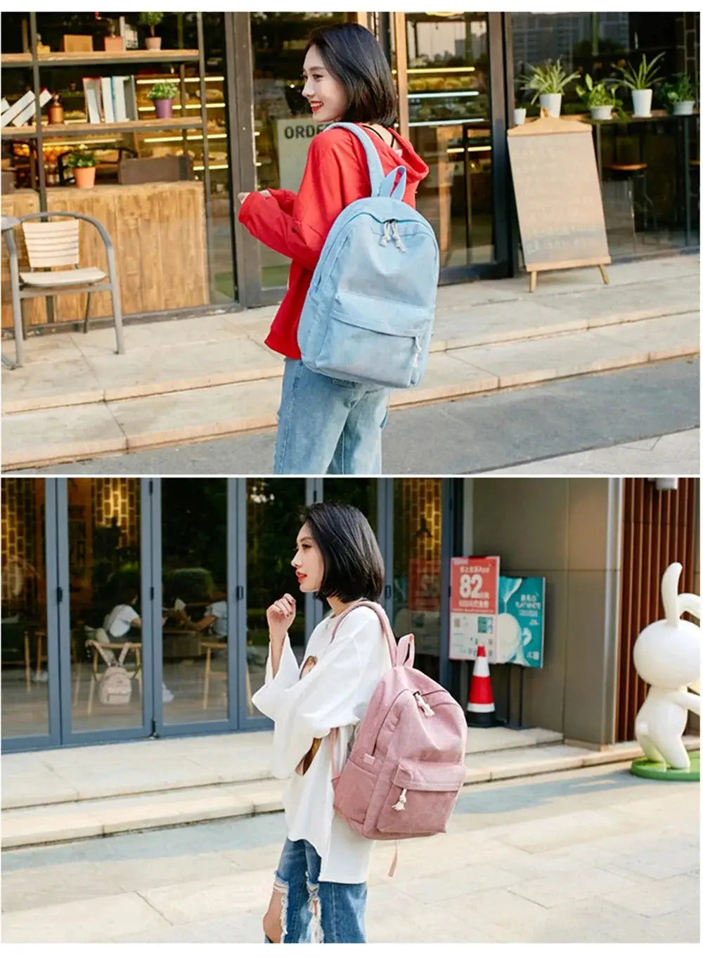 Two personalized corduroy student backpacks in blue and pink with anti-theft design, unisex campus knapsack