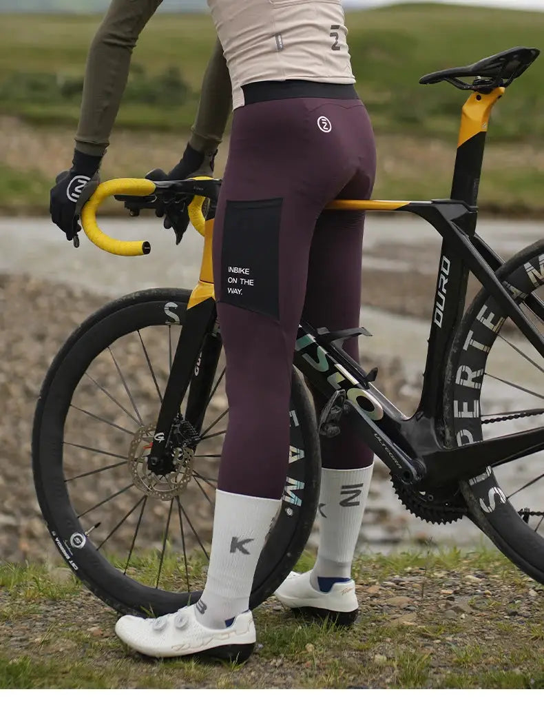 INBIKE men's winter cycling fleece set with long-sleeve beige jersey and burgundy bib tights