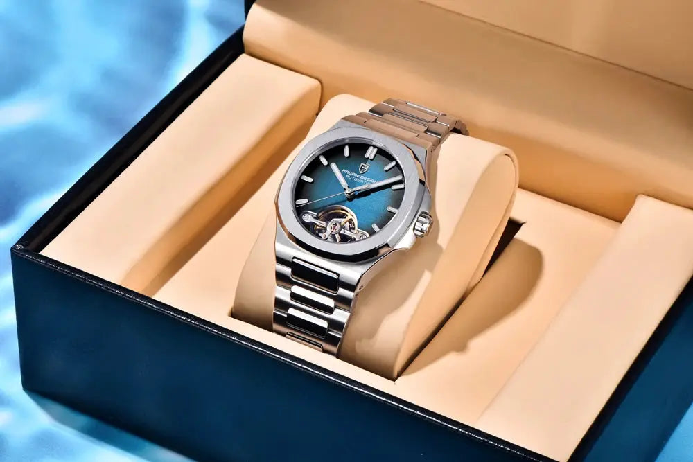 PAGANI DESIGN men's skeleton automatic watch with blue dial and stainless steel bracelet in presentation box
