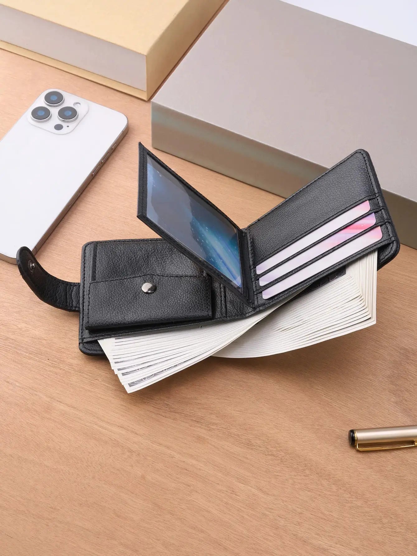 Men's black leather zipper wallet with multiple card slots and a coin pocket, open to show cards