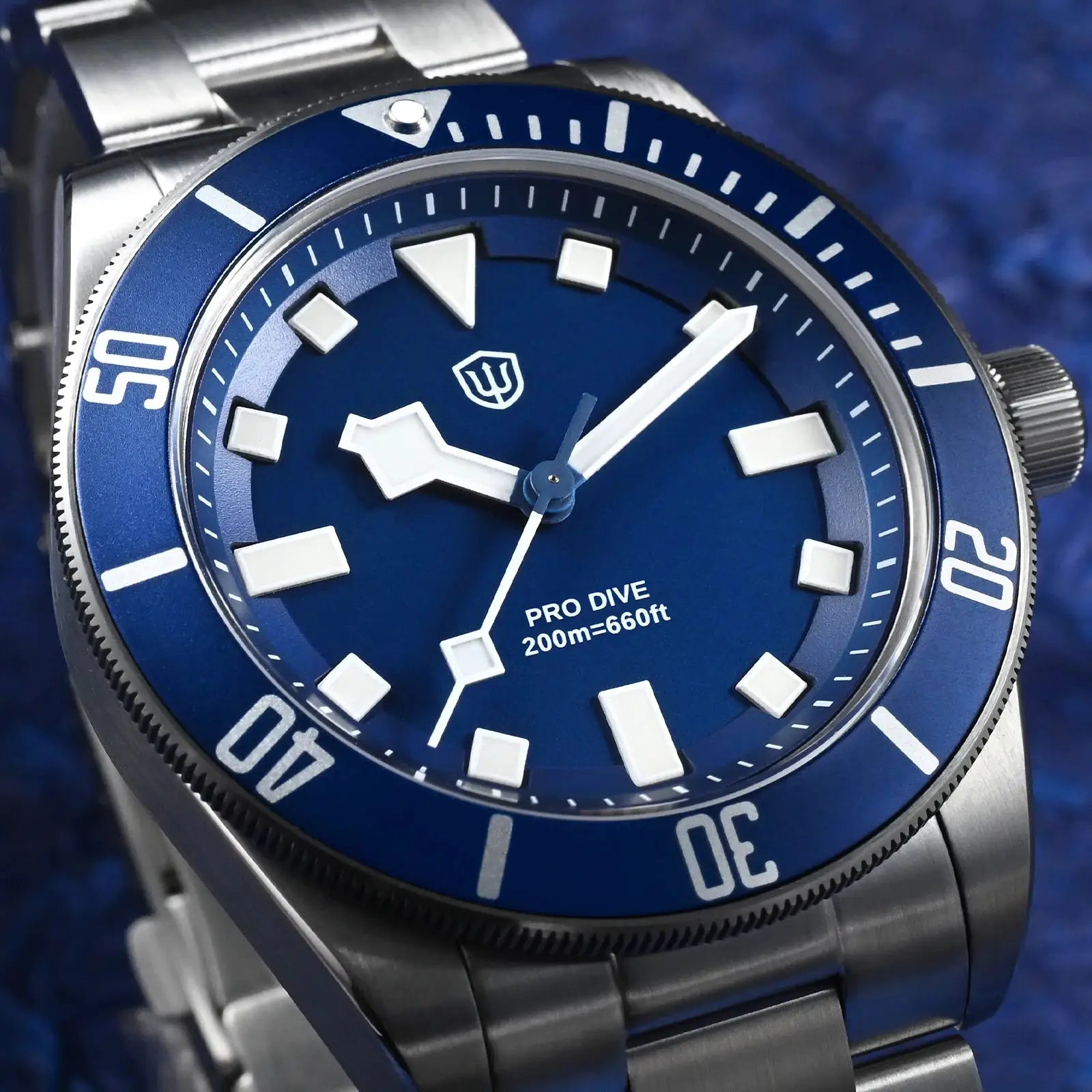 Watchdives WD1969 Pro blue dial diver watch with blue bezel and stainless bracelet, 200m water resistance