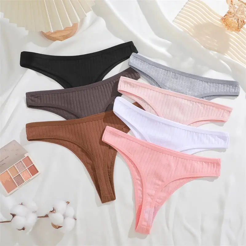 7-pack women's cotton striped thongs by Simples Market, low-waist G-string underwear in assorted colors