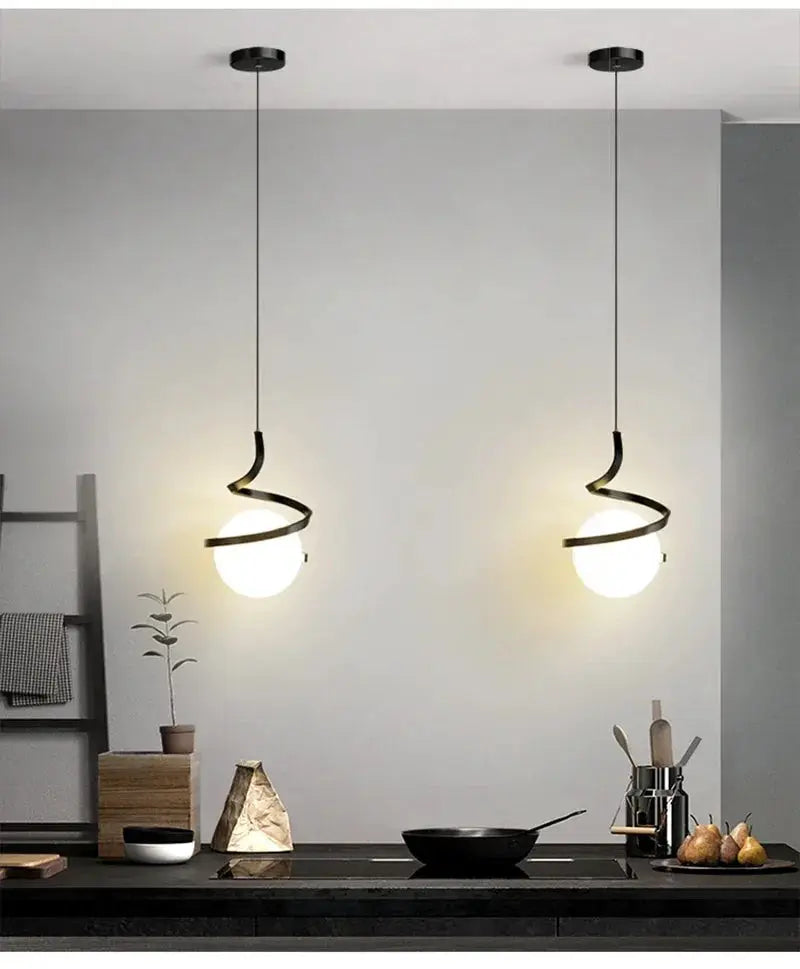 Nordic LED pendant lights by Simples Market, two black spiral-wrapped metal pendants with white globes