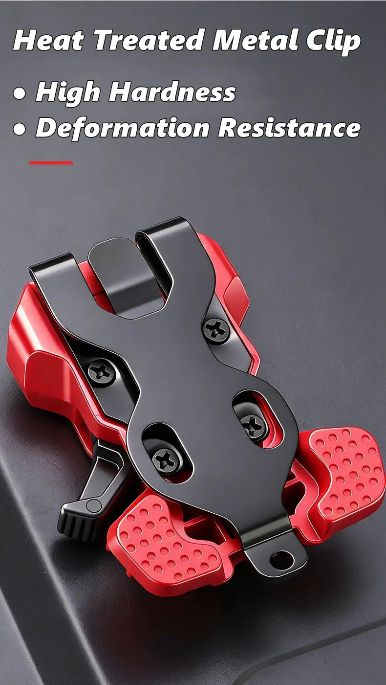 Portable drill holder with belt clip in red and black; self-locking, quick-release tool organizer.