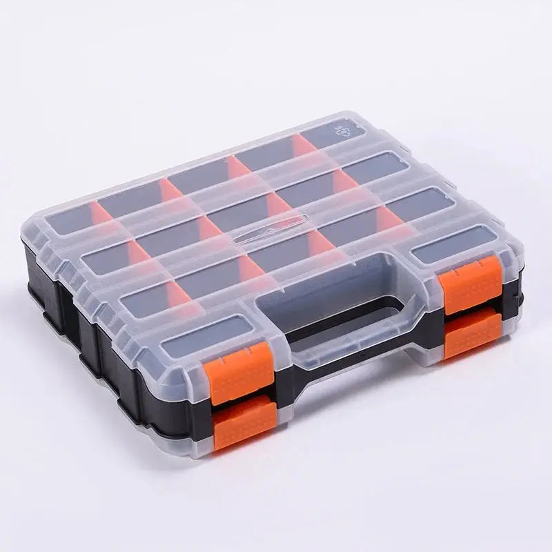 Hand-held plastic hardware and parts storage box with clear lid, orange latches, double-sided design