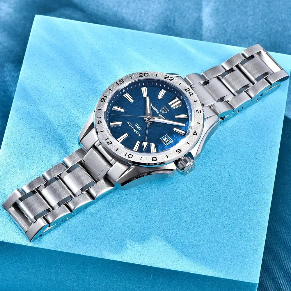Pagani Design GMT men's stainless steel watch with blue dial and 24-hour bezel