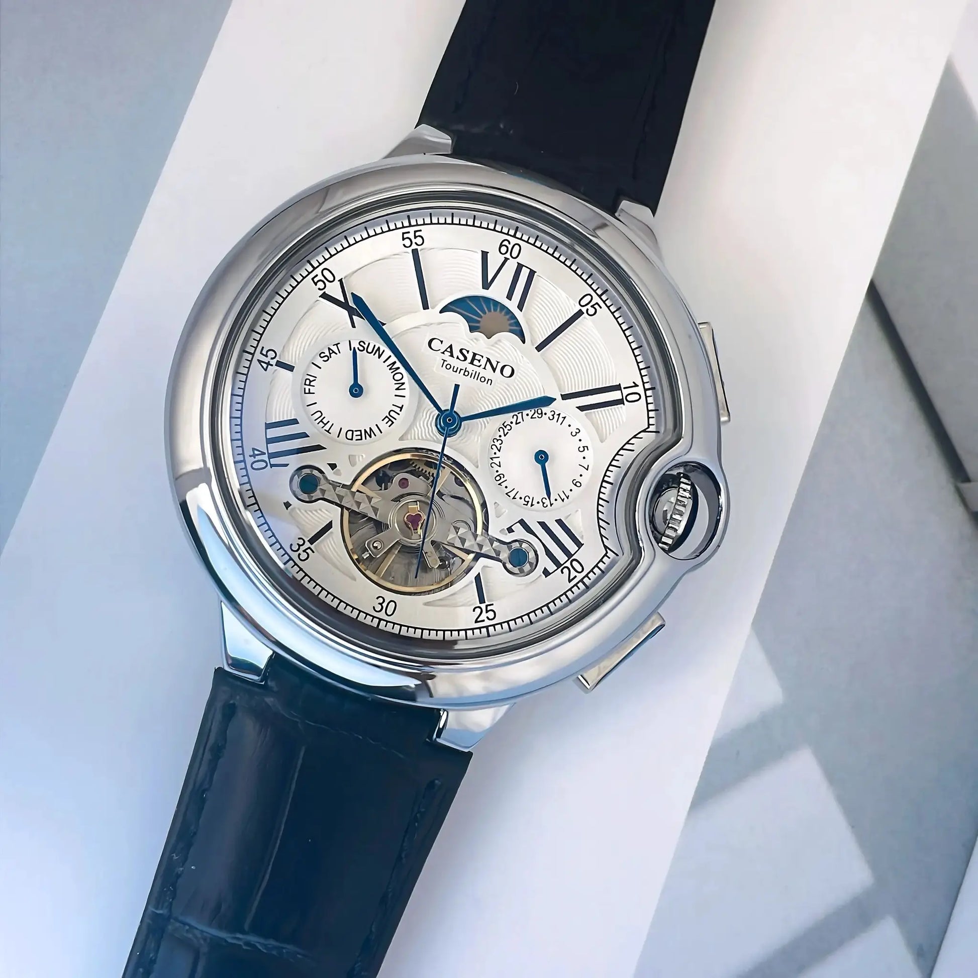 CASENO Star Roman Grand men's automatic tourbillon watch with skeleton dial, silver case and black leather strap
