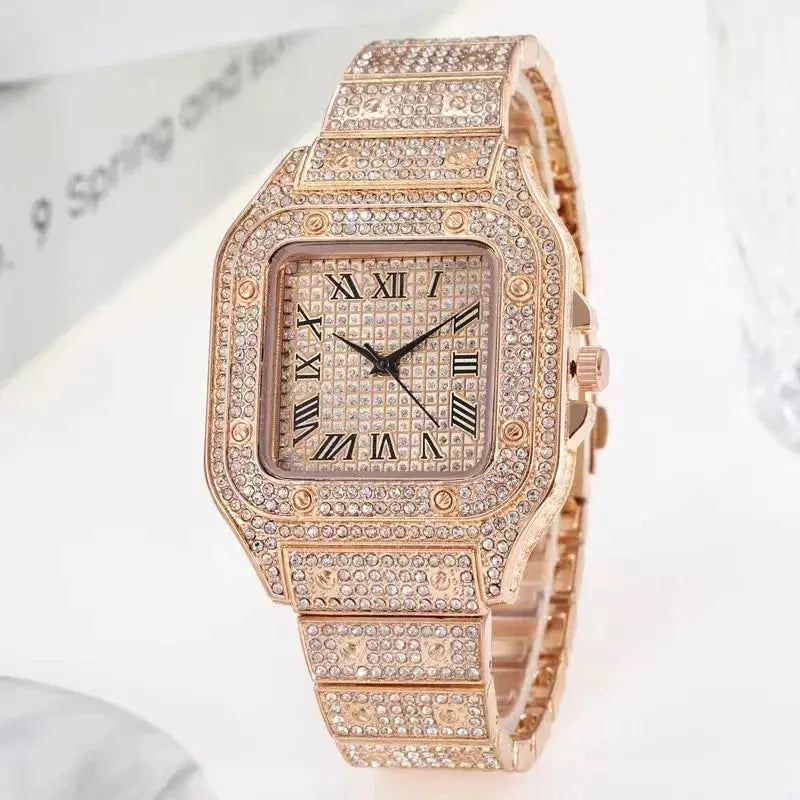Gold-tone diamond rhinestone unisex bracelet watch with Roman numeral dial