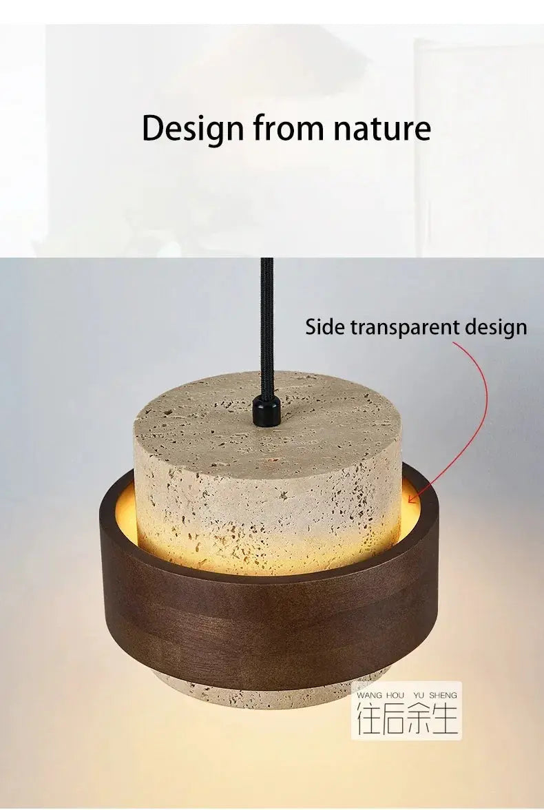 LED pendant lamp with a stone core and walnut wood ring, warm ambient lighting