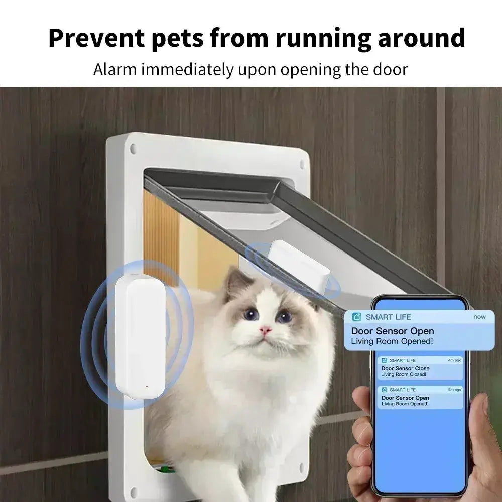 Door/window sensor by Simples Market: white Tuya WiFi Zigbee sensor with smartphone alerts.