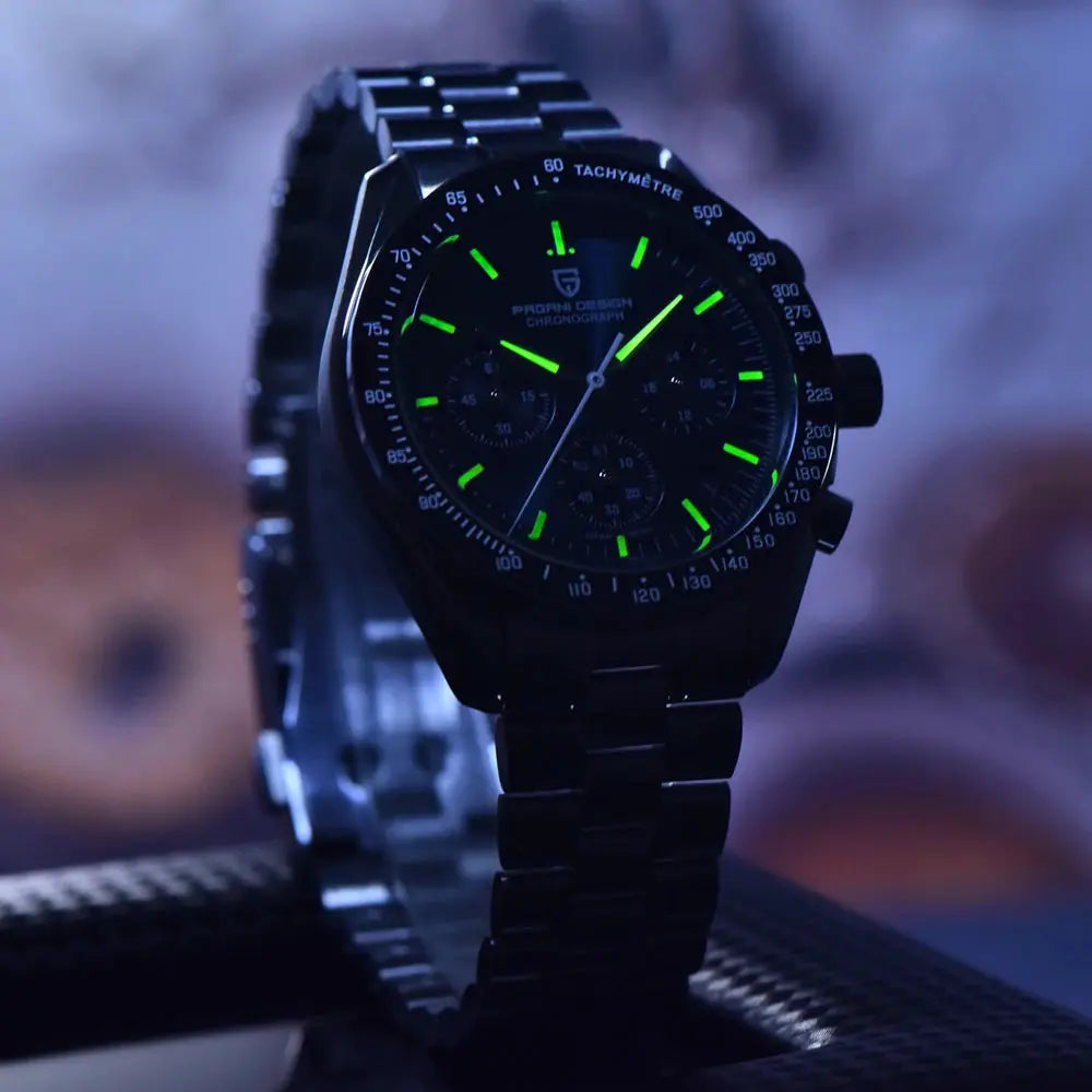 Pagani Design VK63 Moon chronograph watch with black stainless-steel band, green luminous hands, tachymeter bezel