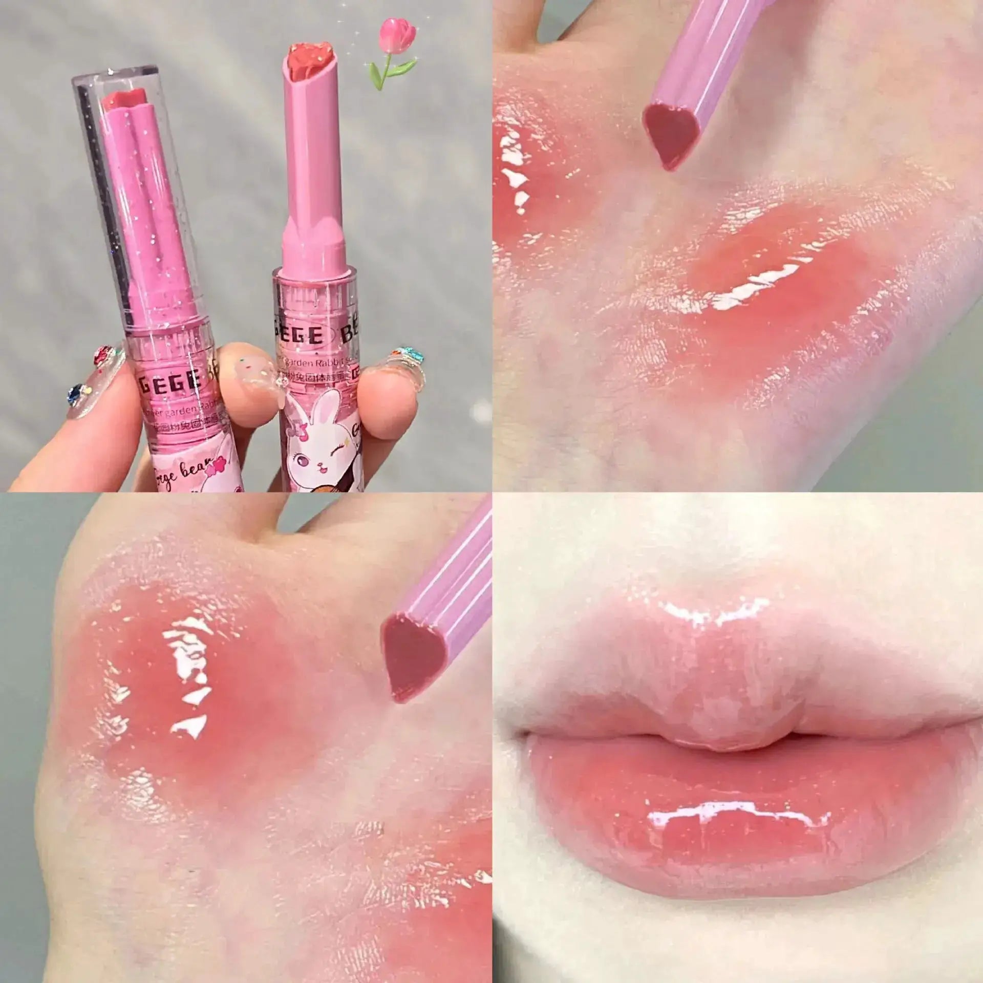 Gege Bear Garden Pink Rabbit Solid Lip Gloss Moisturizing Lip Balm With Subtle Color Tint Long Lasting