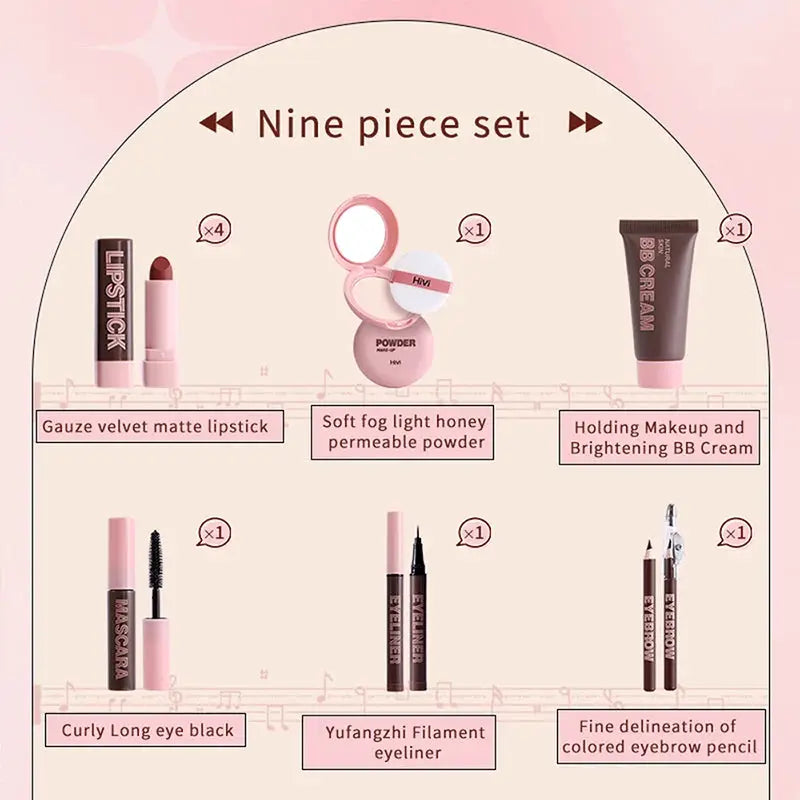 LuxeCosmetics Holiday Glow Nine Lipsticks Set With Powder BB Cream Eyebrow Pencil Mascara Eyeliner Christmas Makeup Kit