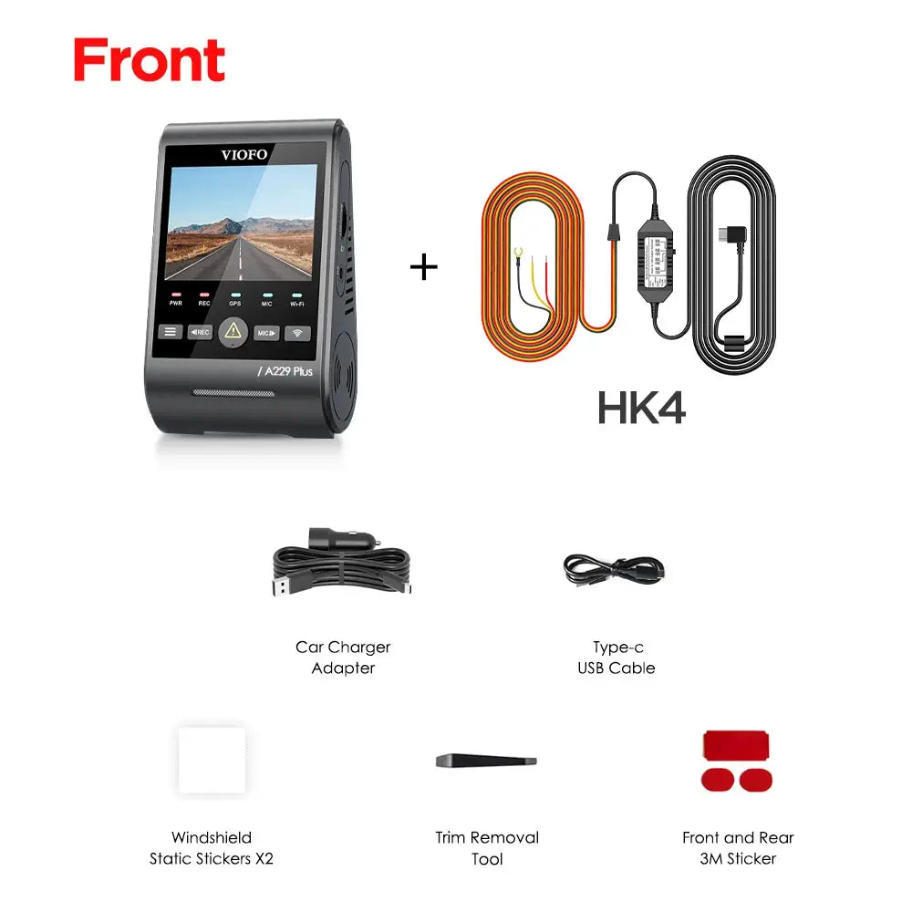 VIOFO A229 Plus dash cam with HK4 kit: USB-C cable, car charger, windshield stickers X2, trim tool, 3M stickers