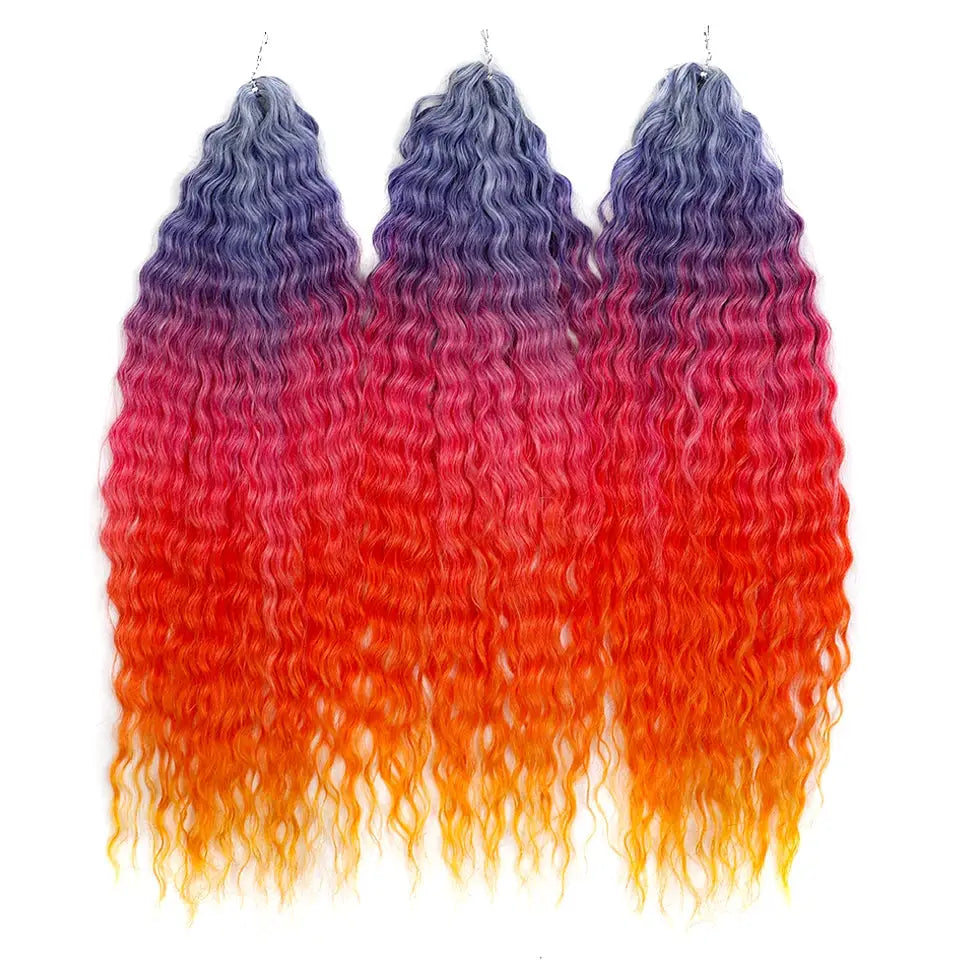 Ariel Synthetic Twist Crochet Hair, 22in water-wave extensions, ombre purple-pink to orange-yellow, 3-pack