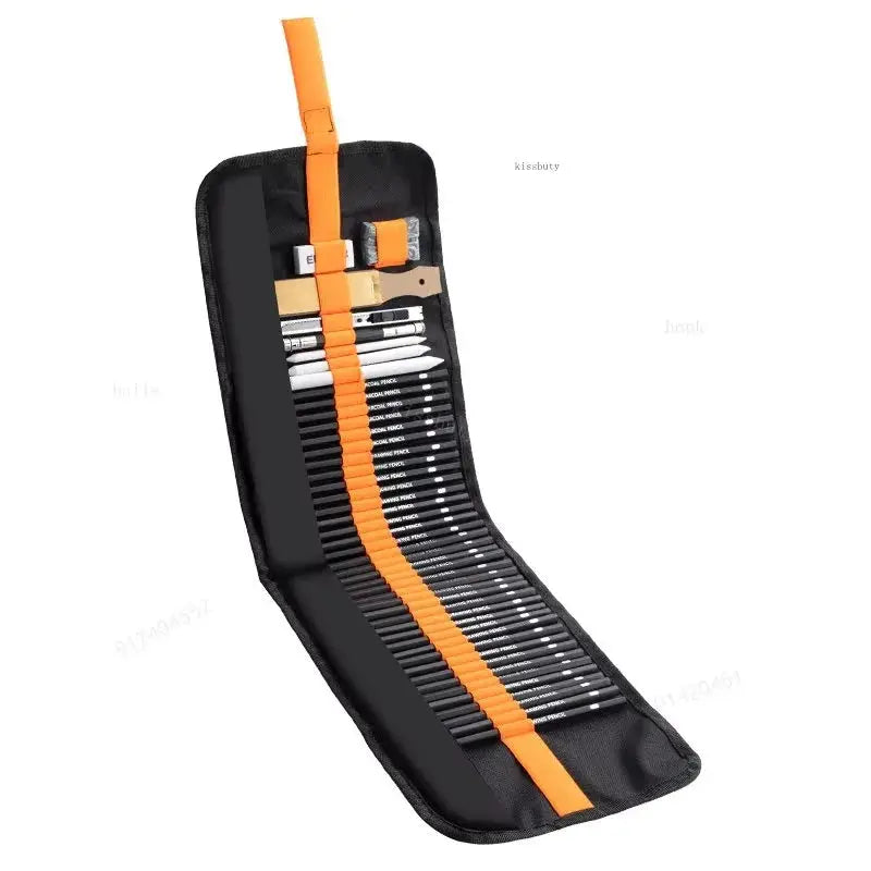 Sketching pen set in black roll-up case with orange strap; 27/38/48-piece set by Simples Market