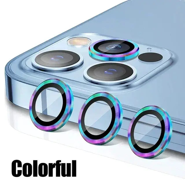 3-pack metal camera lens protectors with colorful iridescent rims for iPhone back cameras