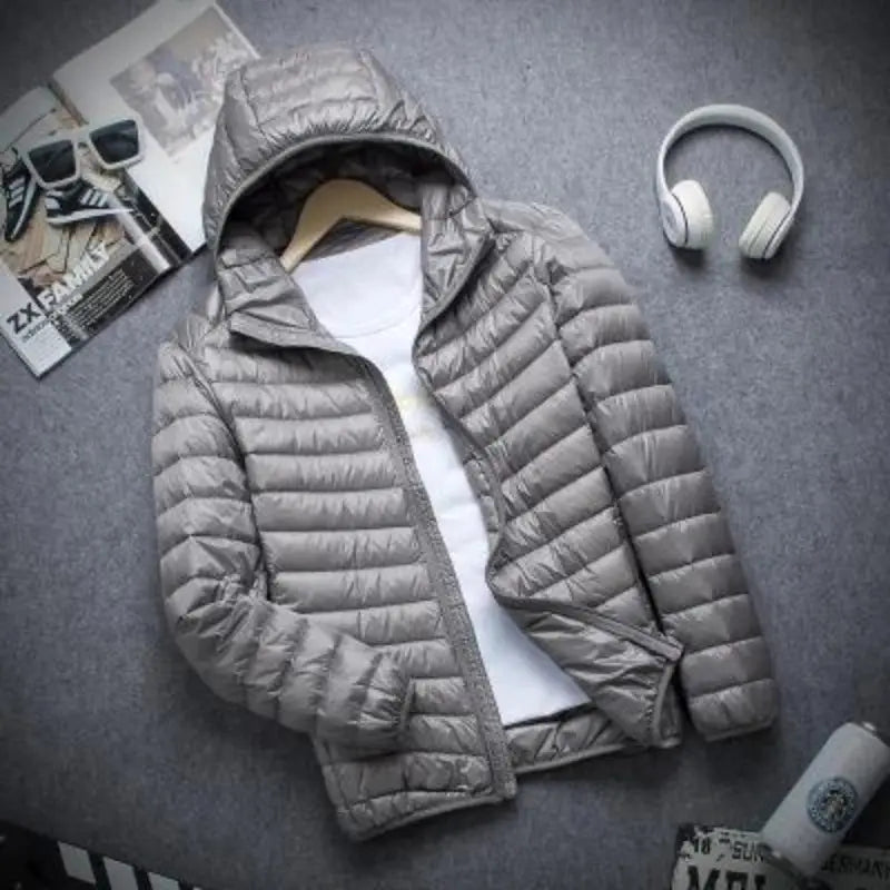 New Autumn and Winter Down Jacket Simples Market men's grey hooded ultralight slim coat
