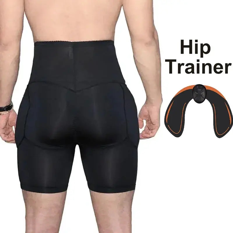 Wireless hip trainer massager by Simples Market, shown with black shapewear shorts on a model