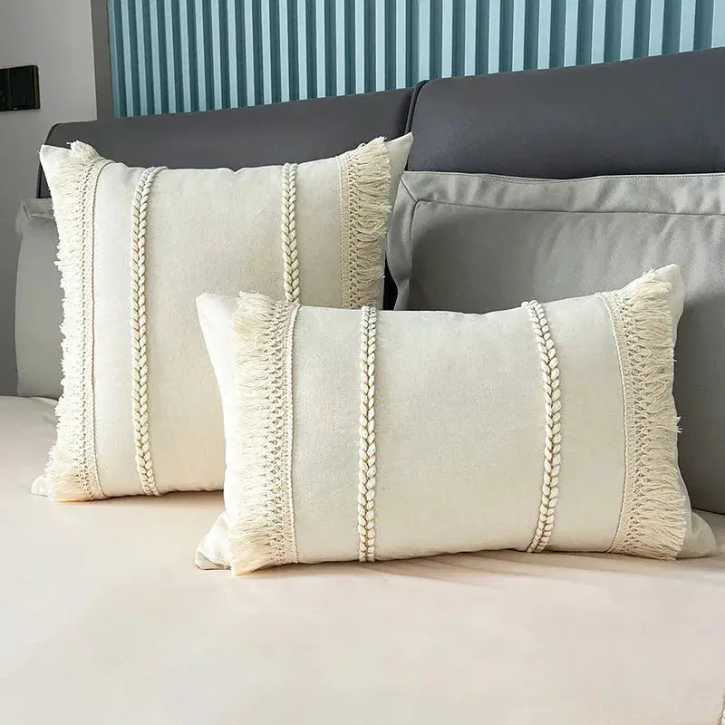 Bohemian knitted pillowcases in cream with tassel trim for sofa, set of 2